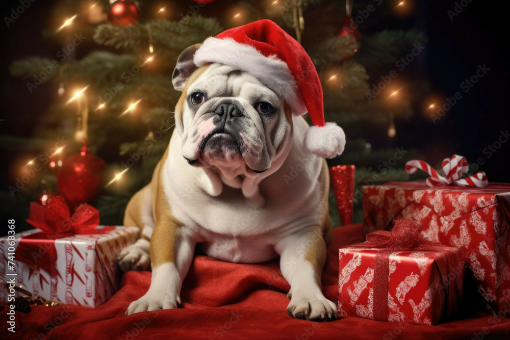 Dog wearing Santa hat next to present