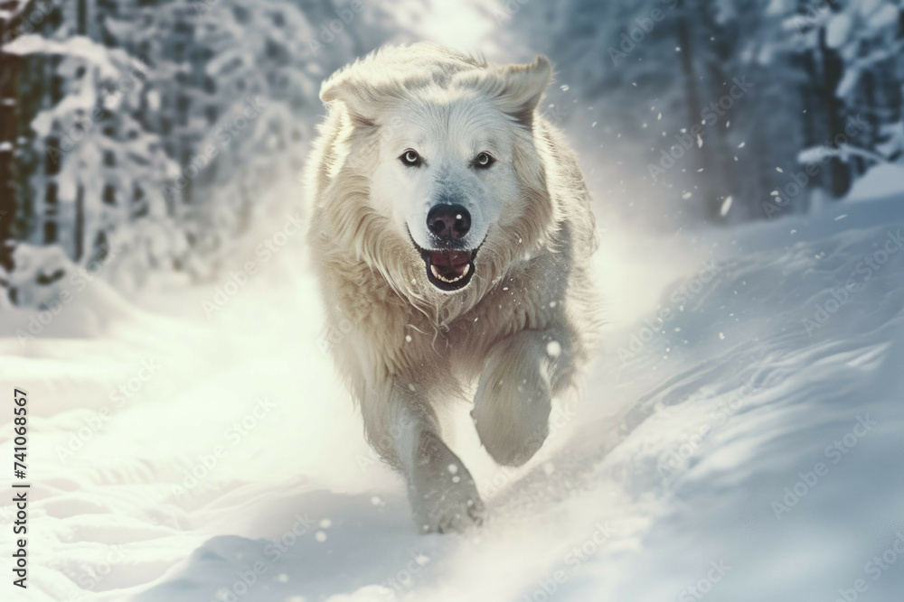 Dog running through a snowy forest