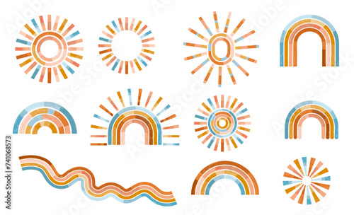 Collection of pastel colors sun and rainbows icons, symbols. Vector illustration