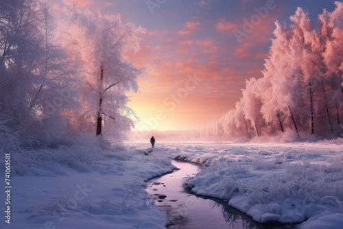 Person walking on a frozen river surrounded by snow-covered trees