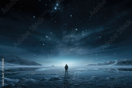 Person standing on a frozen lake  looking up at the stars