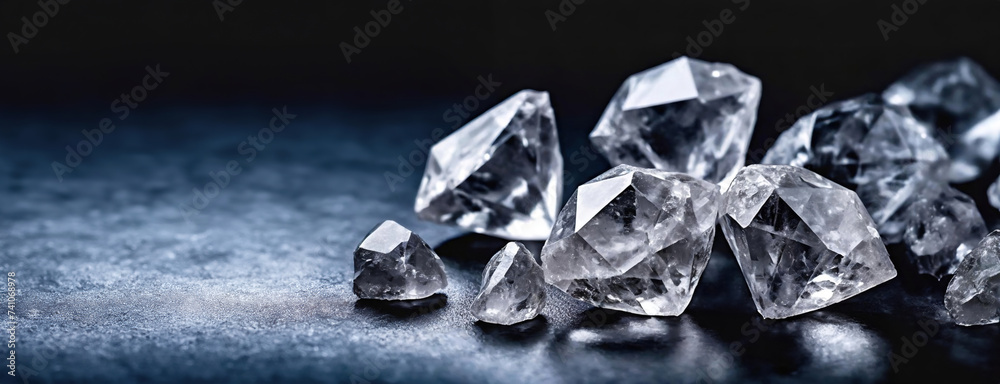 Group of clear uncut diamonds on a rough surface displaying brilliance. The crystals sparkle intensely, highlighting their natural beauty and the allure of raw gemstones.