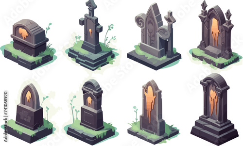 tombstone grave set isometric vector flat isolated illustration