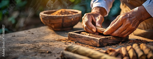 Hands expertly assemble cigars on a rustic table. Focused craftsmanship is evident as the individual rolls the tobacco with precision, with a bowl of leaves in the background.