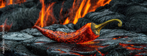 A chili pepper lies on fiery coals, volcanic lava. The capsicum's bright red color stands out vividly against the dark, cracked surface, evoking a sense of intense heat and the spice's fiery flavor.