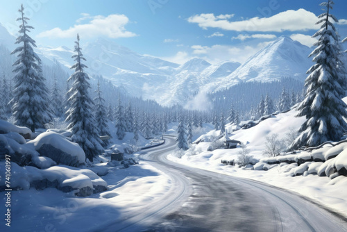 A snow-covered road winding through a winter landscape.