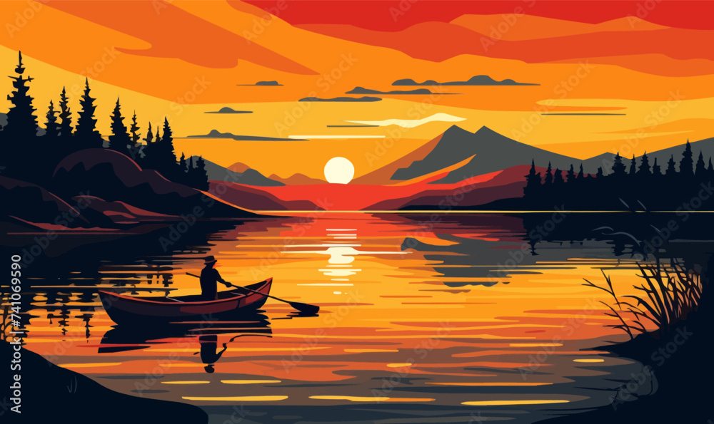 sunset lake vector flat minimalistic isolated illustration