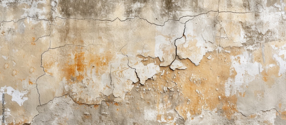 A closeup of a cracked brown wall with peeling paint resembling a natural landscape painting. The texture is similar to wood flooring with hints of grass