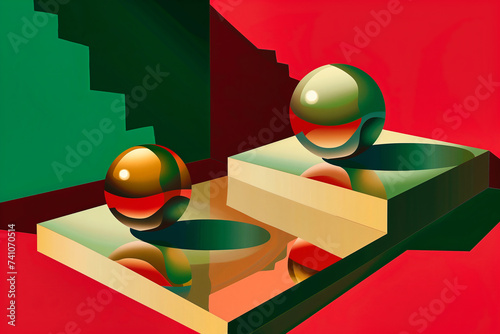 Abstract scene with stairs and balls in red, green and yellow