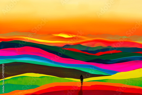 Silhouette of a person standing in the middle of a colorful desert at sunset. Illustration
