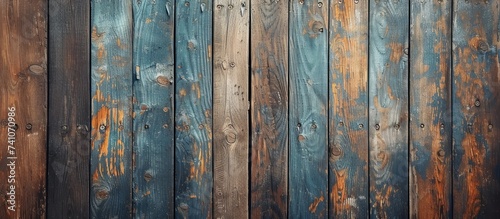 A detailed shot of a hardwood fence with alternating blue and brown planks, showcasing a unique pattern created by staining the wood. The natural material is turned into an artistic display