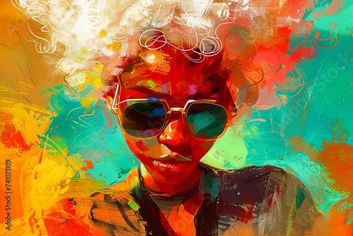 Portrait of a young African American woman with sunglasses. Multicolored background. Illustration

