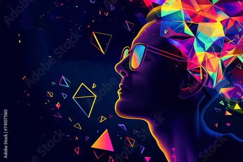 Illustration of a male face in glasses and geometric colorful background
