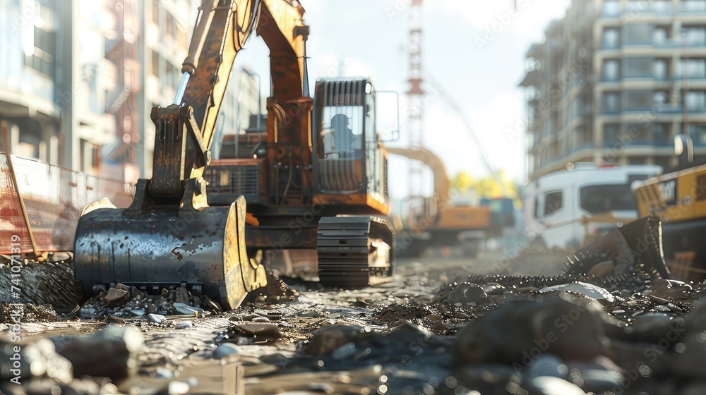 The construction site background appears realistic with appropriate equipment and surroundings to accurately convey the professional environment of the architect. The construction site background appears realistic with appropriate equipment and surroundings to accurately convey the professional environment of the architect.