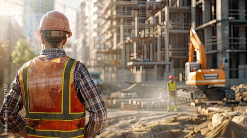 an architect or builder standing in front of a construction site with his arms crossed and a casual demeanor reflecting professionalism in a construction environment.
