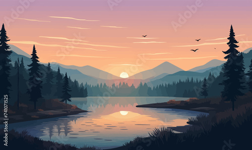 sunrise lake vector flat minimalistic isolated illustration photo