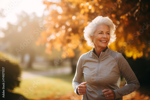 Happy senior woman jogging in autumn park. Smiling senior woman jogging outdoors.