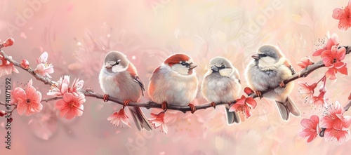 birds are sitting on a branch under pink flowers in the style of bokeh panorama Generative AI