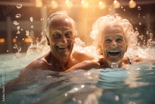 Portrait of smiling senior couple relaxing in swimming pool at spa center © Татьяна Евдокимова