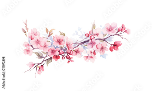 Watercolor floral Border Sakura, Cherry blossom, spring flowers, branch, twig, wedding design.