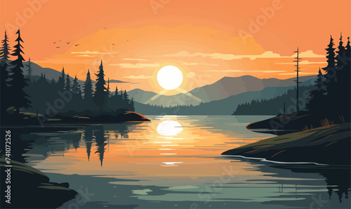 sunrise lake vector flat minimalistic isolated illustration