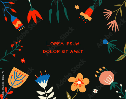 Horisontal frame with north forest flowers. Vector background. 