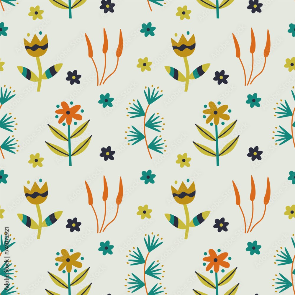 Seamless pattern with colorful north forest flowers. Modern botanical background. Vector illustration