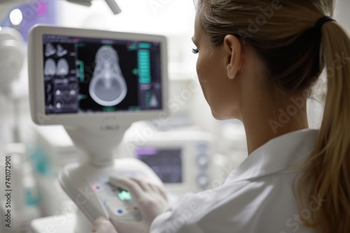 Healthcare worker in a lab coat engaged with clinical research.