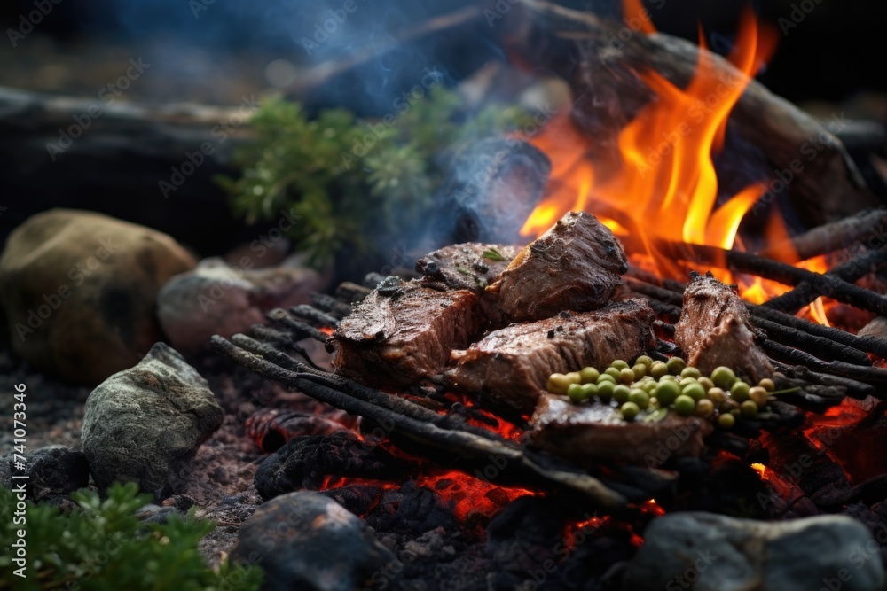 Savoring the flavors of open-fire cooked lamb amidst the picturesque beauty of a spring countryside Savoring the flavors of open-fire cooked lamb amidst the picturesque beauty of a spring countryside