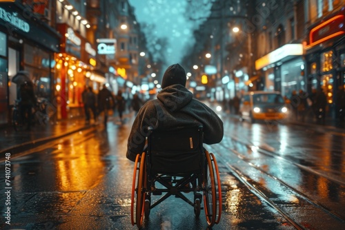 A person navigating a wheelchair through wet urban roads with vibrant city lights. © Konstiantyn Zapylaie
