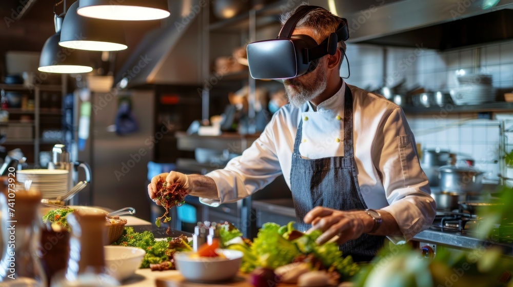 kitchen chef cooking with virtual reality glasses in a real kitchen in high definition and quality kitchen chef cooking with virtual reality glasses in a real kitchen in high definition and quality