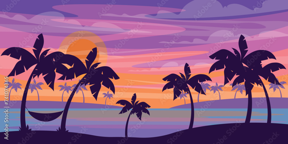 Vector illustration of a magical sunset seascape.Cartoon scene of summer evening landscape with sunset,purple,pink and orange colors,river, palm trees,hammock, islands with silhouettes of palm trees.