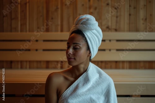 Wellness retreat moment, lady in towel enjoying the sauna.