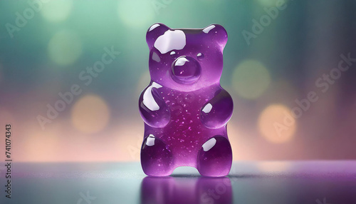 Purple gummy bear toy on green blurred background photo