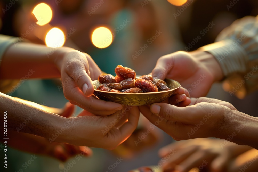 Breaking Bread: An intimate moment of sharing as hands gather dates from a bowl, embodying the essence of hospitality.