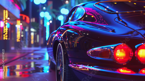 Luxurious dark car on city street at night, illuminated by vibrant city lights