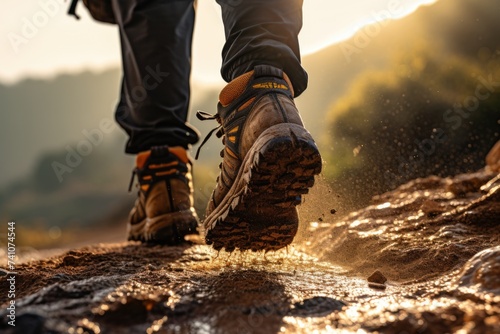 A hiker's sturdy boots traversing a rocky mountain trail, embodying the active and adventurous outdoor lifestyle