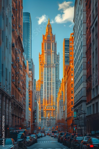 A panoramic shot of a bustling financial district with towering skyscrapers. AI generate illustration © PandaStockArt
