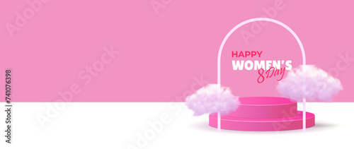 8 March. International Women's Day sales design template. Realistic 3D cylindrical podium with 8 march shaped background and cloud. Stage promotion display. Vector illustration