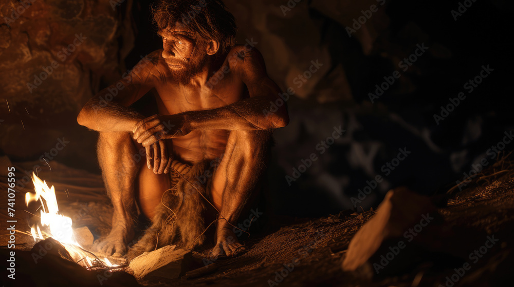 Neanderthal man sits by fire in cave, portrait of caveman near bonfire on dark background, life of people in prehistoric era. Concept of Homo Sapiens, ancient,