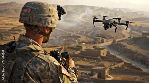 American soldier uses small drone for surveillance, military man controls modern uav during war. Concept of US army, intelligence, warfare, technology, USA,