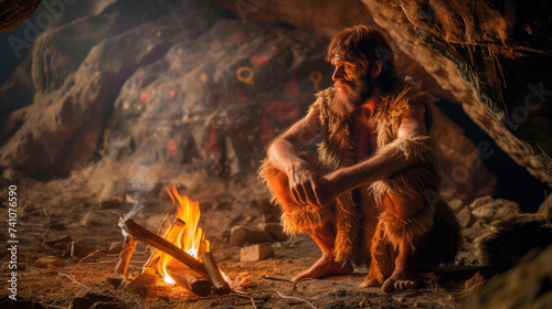 Neanderthal man sits by fire in cave, portrait of caveman near bonfire against primitive art, life of people in prehistoric era. Concept of Homo Sapiens, ancient, Stone Age photo