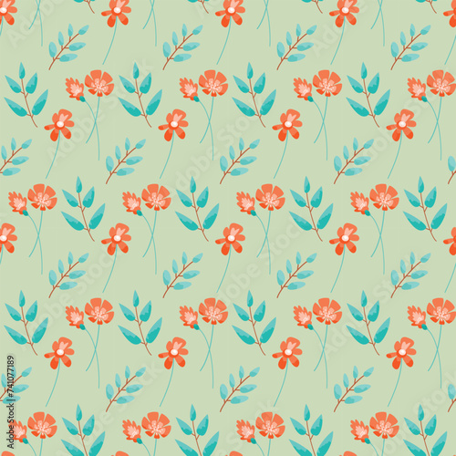 Floral seamless pattern. Pink and red flowers, blue and turquoise branches and leaves on light green background