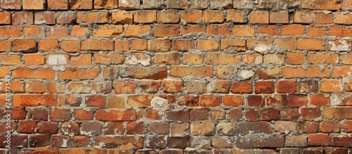 A detailed close up of a brown brick wall showcasing the intricate pattern of rectangular bricks. The building material is sturdy and adds a rustic charm to the stone wall