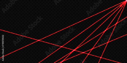 Vector illustration of red laser beams. Abstract neon lights isolated on transparent black backdrop