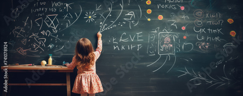 Little girl use white chalk to draw on dark chalkboard.