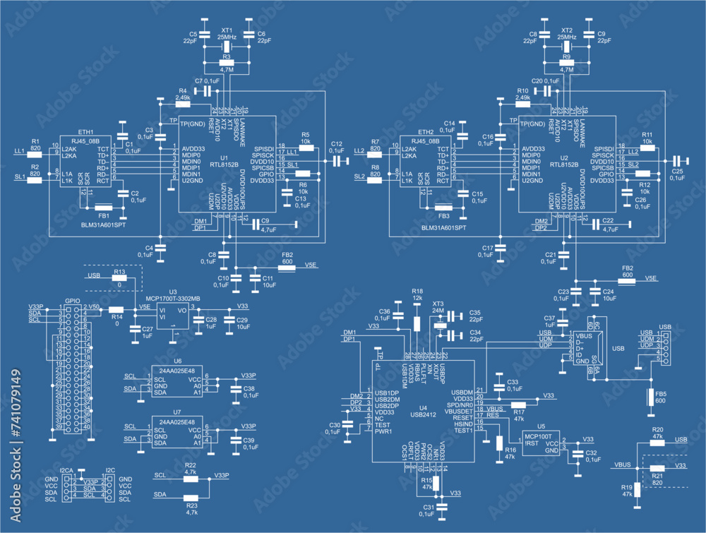 Schematic diagram of electronic device. 
Vector drawing electrical circuit with 
integrated circuit, resistor, capacitor,  fuse, connector, quartz resonator, twisted pair, usb, i2c, other components.
