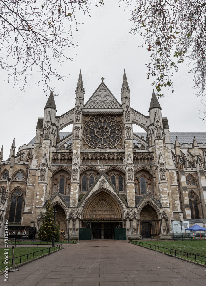 Exterior Architecture of The gothic Westminster Abbey (The Collegiate Church of St Peter at City of Westminster) is Traditional place of coronation and burial site for English monarchs, Copy space, Se