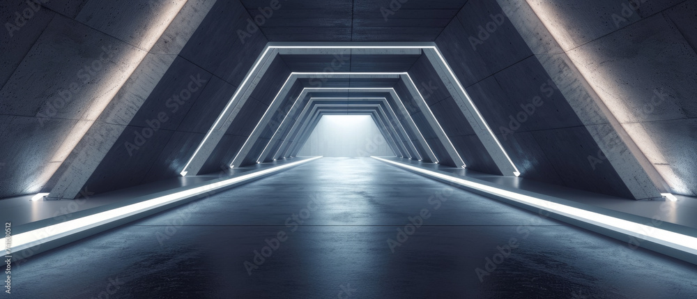 Obraz premium Abstract concrete tunnel background, minimalist design of futuristic corridor with sloped walls and white led light. Perspective of warehouse or garage. Concept of hall, room, interior