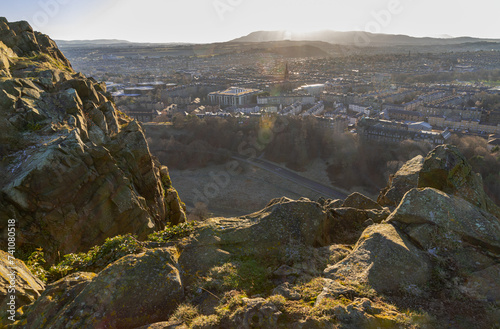 Amazing Edinburgh Cityscape seen from the top of Salisbury Crags. Destinations in Europe, Space for text, Selective focus.